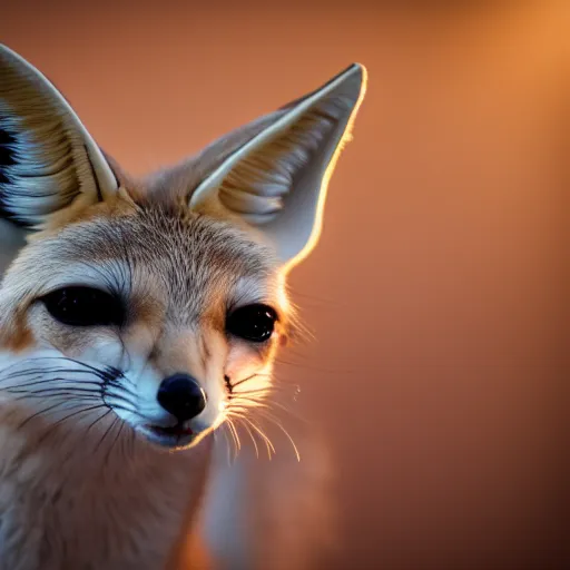Prompt: a close up, studio colour photograph of a fennec fox, dramatic backlighting at golden hour, 4k