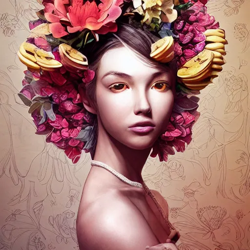 Image similar to the portrait of an absurdly beautiful, graceful, elegant, and perky young woman made of bananas and petals, an ultrafine detailed illustration by kim jung gi, irakli nadar, intricate linework, bright colors, octopath traveler, final fantasy, angular, unreal engine 5 highly rendered, global illumination, radiant light, detailed and intricate environment