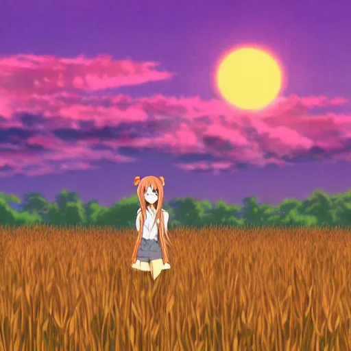 Image similar to anime illustration of Holo from Spice and Wolf standing in a wheat field at sunset, Holo if a wolf girl