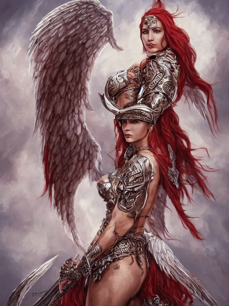 Image similar to a whole body D&D style illustration of Adriana as a warrior angel woman with angel wings wide opened , covered by elfish tattoos and wavy red hair, intricate, elegant, highly detailed, digital painting, artstation, wallpaper!, concept art, smooth, sharp focus, high fantasy illustration, art by artgerm and Vasylina, and Peter Andrew Jones