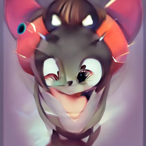 Image similar to headshot of young female furry, maple story, cute, fantasy, intricate, long hair, dark grey skin, mouse face, maplestory mouse, dark skin, mouse head, mouse ears, black hair, elegant, cartoony, Deviantart, artstation, character art of maple story, smooth, sharp focus, illustration, art by Diives