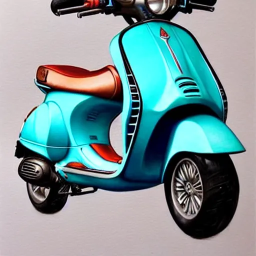 Image similar to a turquoise vespa moped, ultra realistic, concept art, intricate details, detailed, photorealistic, pencil and watercolor, art by artgerm and greg rutkowski