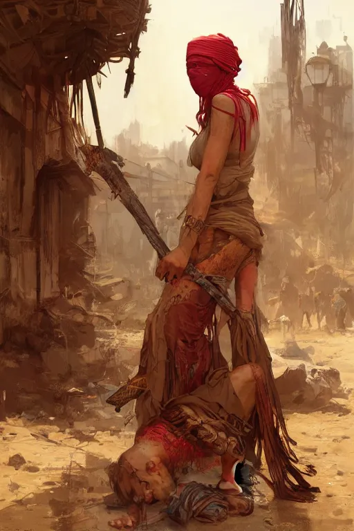 Image similar to a full body portrait of a beautiful post apocalyptic offworld artisans district bedouin blind pulp fiction scarlet wild rogue barbarian leper begging by the roadside, intricate, elegant, highly detailed, digital painting, artstation, concept art, smooth, sharp focus, illustration, art by krenz cushart and artem demura and alphonse mucha