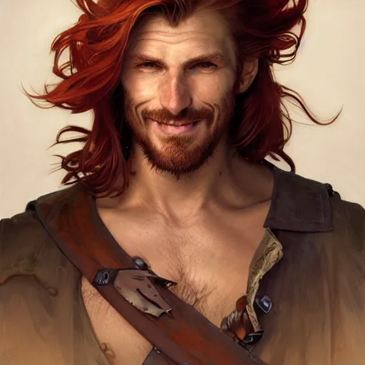 Image similar to portrait of a young ruggedly handsome but joyful pirate, male, masculine, upper body, red hair, long hair, d & d, fantasy, joyful smirk, intricate, elegant, highly detailed, digital painting, artstation, concept art, matte, sharp focus, illustration, crimson hair, art by artgerm and greg rutkowski and alphonse mucha