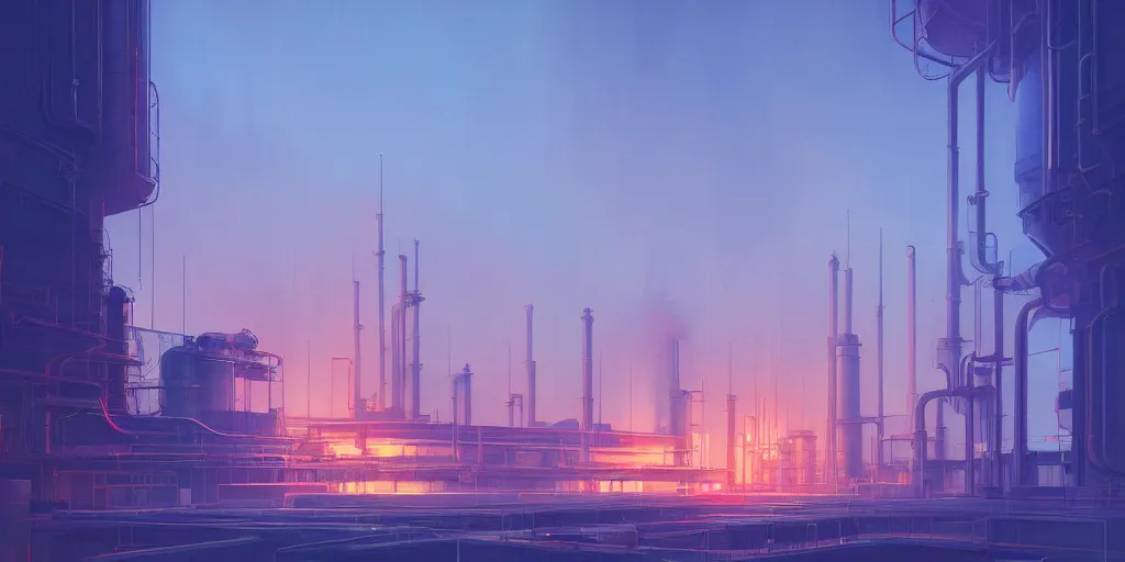 Prompt: minimalist photograph of beautiful and gleaming carbon capture plant, detailed ambient lighting, hyper realistic, vibrant colors, cinematic lighting, modernist art style, digital art painting by Jordan Grimmer, cinematic, 35mm grain filter, artstation