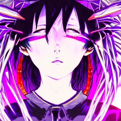 Prompt: anime girl's head splitting open, cyberpunk glitchcore synthwave art, award-winning,
