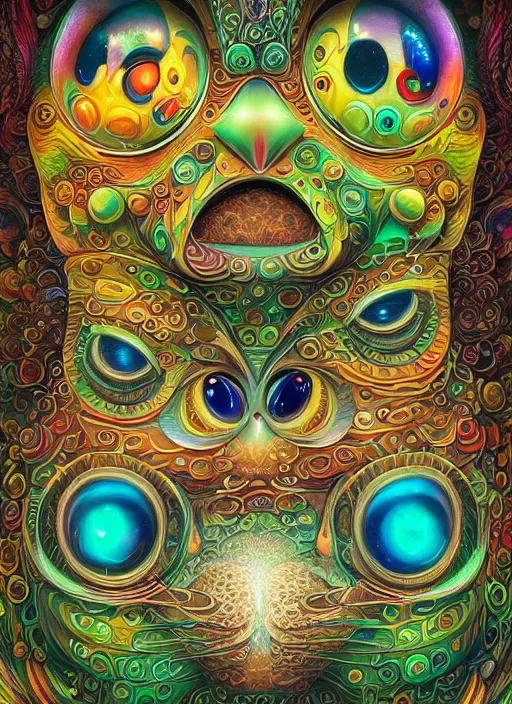 Prompt: psychedelic cat owl figure by naoto hattori, android jones and chris dyer, deep bold colors, galactic entity, depth of field, intricate beautiful painting, billions of details, octane render, trending on artstation