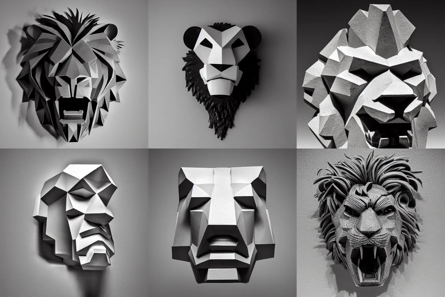 Prompt: angry lion head cubist sculpture black and white hard light