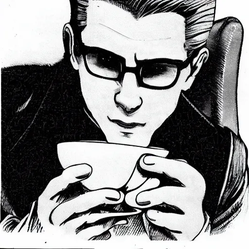 Image similar to albert wesker holding a small steaming china cup of tea, romanticism style, detailed facial proportions