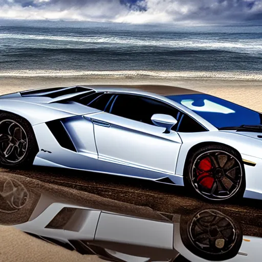 Image similar to A beautiful silver Lamborghini aventador on the beach, 8k, realistic reflection
