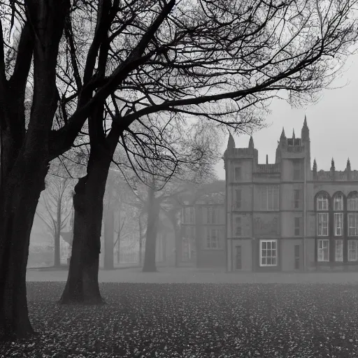 Prompt: gothic british university, cold overcast day, dead trees