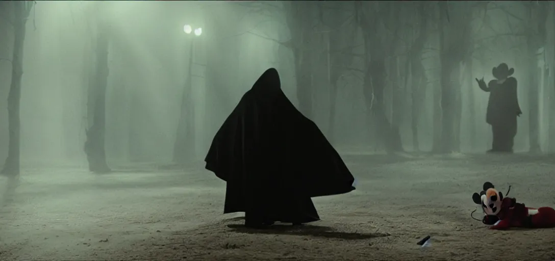 Image similar to prince of darkness as mickey mouse waking from his coffin, foggy, cinematic shot, photo still from movie by denis villeneuve, wayne barlowe