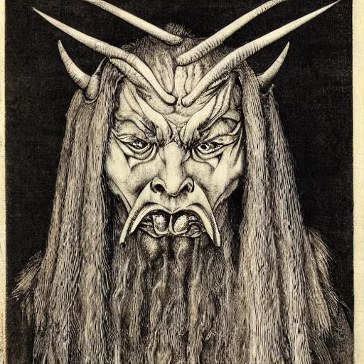 Image similar to portrait of a japanese demon, highly detailed, by albrecht durer