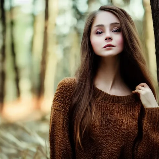 Image similar to real life photo of a beautiful girl, full body photoshoot, long brown hair, brown eyes, full round face, short smile, sweater, forest setting, cinematic lightning, medium shot, mid - shot, highly detailed, trending on artstation, unreal engine 4 k, 8 0 mm, 8 5 mm, cinematic wallpaper