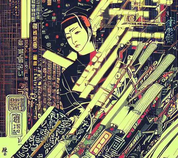 Image similar to futuristic japanese cyberpunk bladerunner silk screen by utagawa yoshiiku, ohara koson, pixiv contest winner, cyberpunk style, cyberpunk color scheme, mechanical, robotic, human machine interface, high resolution, hd