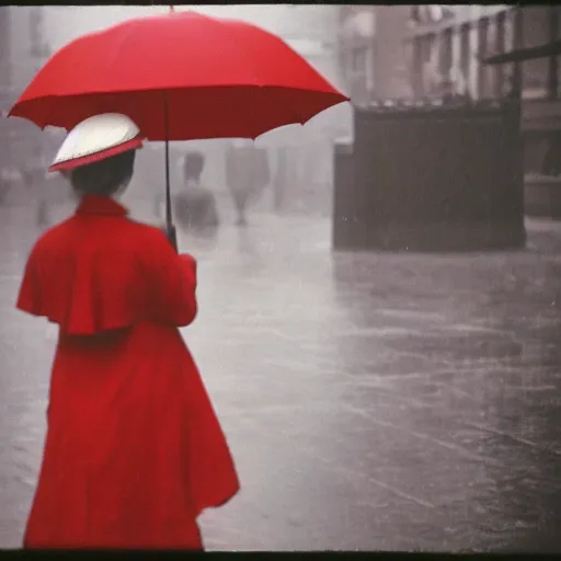 Prompt: woman in red waiting under the rain, holding an umbrella, 1950, new york, night