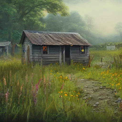 Image similar to a matte painting of a midwestern countryside, shack close up, very overgrown, patchy flowers, oil painting, pale colors, high detail, 8 k, wide angle, trending on artstation,