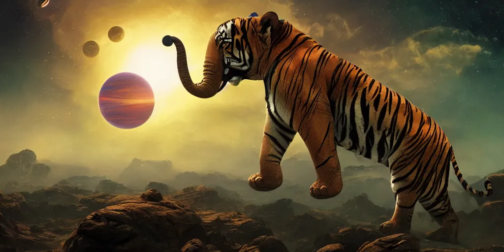 Prompt: planet - sized tiger elephant in space, next to the sun and stars, cosmic, very wide shot, epic composition, hyper detailed, digital art, trending in artstation, cinematic lighting, studio quality, unreal engine 5 rendered, art style by klimt and nixeu and ian sprigger and wlop and krenz cushart