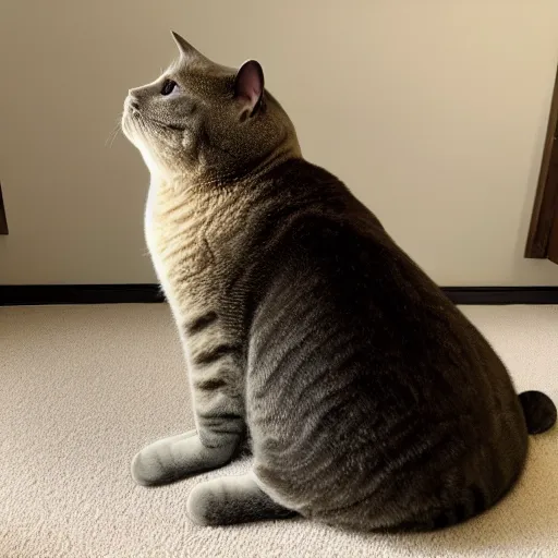 Prompt: a huge Chonker Cat sitting indoors, oh lawd he coming, professional photo, full body view, beautiful cat feet, ((((((((((((seal like figure)))))))))))), XF IQ4, 150MP, 50mm, F1.4, ISO 200, 1/160s, natural light