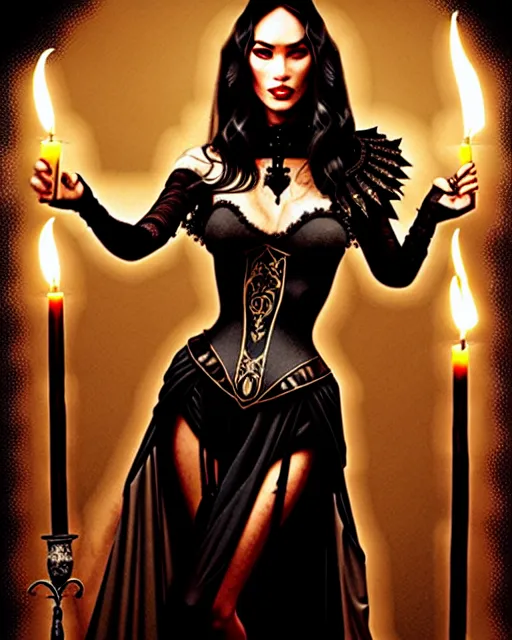 Image similar to megan fox witch queen, black eyes, blood, full body, intricate victorian dress, middle shot, cinematic lighting, studio quality, symmetrical eyes, artgerm, joshua middleton, rafael albuquerque, moody lighting, candles, art style by klimt, nixeu and ian sprigger and wlop and krenz cushart