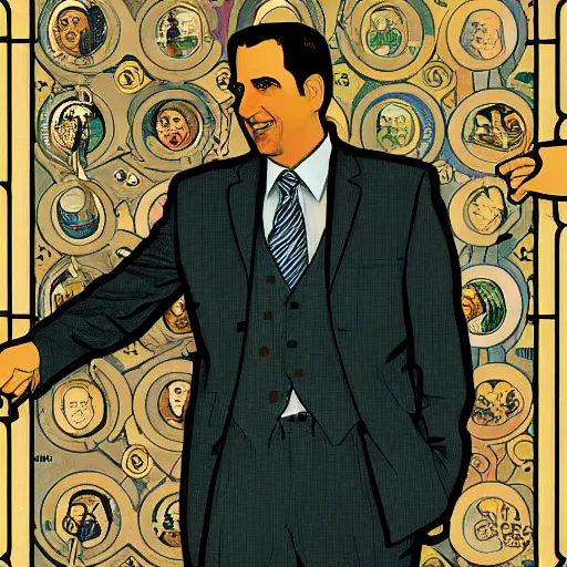 Image similar to a detailed animated portrait of Michael Scott from The office, wearing pijamas, by Alphonse Mucha