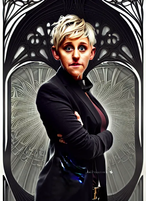 Prompt: portrait of ellen degeneres, volumetric lights, feast, music notes, art nouveau botanicals, gothic, intricate, highly detailed, digital painting, artstation, concept art, smooth, sharp focus, symmetric face, illustration, steampunk, art by artgerm and greg rutkowski and alphonse mucha