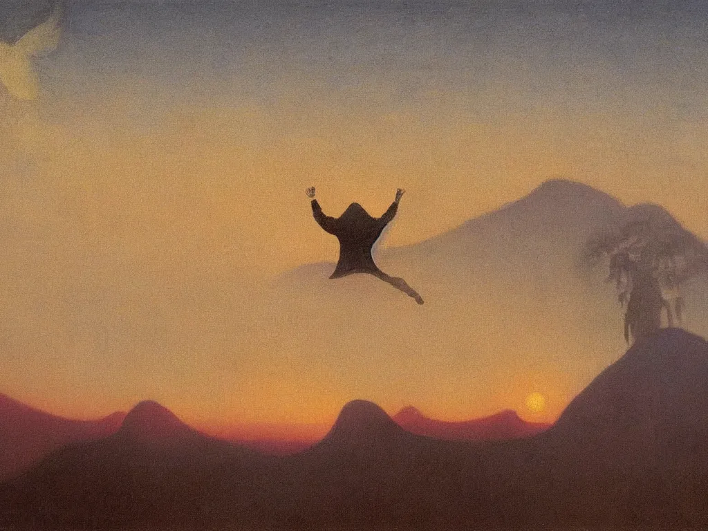 Image similar to painting by mikalojus konstantinas ciurlionis, bosch, agnes pelton. devil jumping from roof to roof. sunset, fog, landscape with mountains