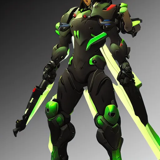 Prompt: overwatch genji, game cover art, in the style of Yoji Shinkawa