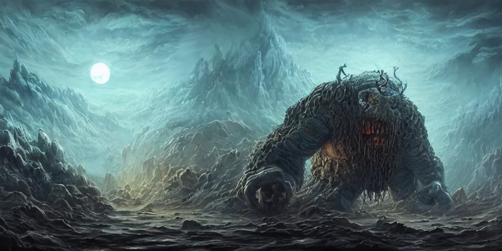 Prompt: concept art of giant ogres, lovecraftian, cyclops, lots of teeth, melting horror, round moon, rich clouds, fighting the horrors of the unknown, mirrors, very detailed, volumetric light, mist, grim, fine art, decaying, textured oil over canvas, epic fantasy art, very colorful, ornate, anato finnstark