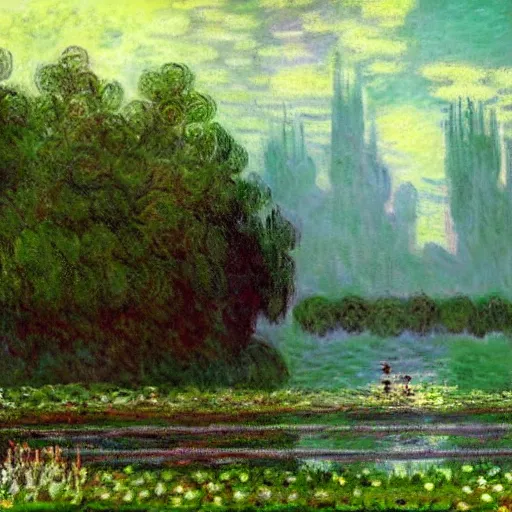 Prompt: gloomy underwater pastoral dreamscape by claude monet, from legend of zelda water temple level