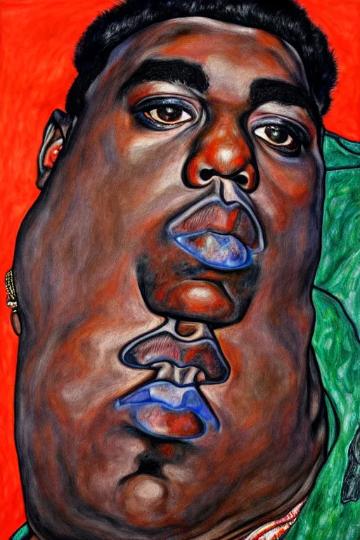 Image similar to full body!! a portrait of biggie smalls aka notorious b. i. g. wearing boho - chic style clothes, with a fur muffler and feathers, realistic painting in egon schiele style, masterpiece, hyperdetailed, complex, intricate, 4 k, hyperrealistic, trending on artstation