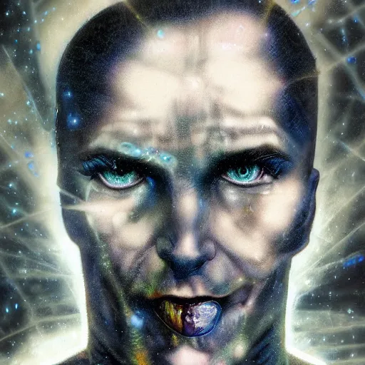 Prompt: razorpunk portrait of Dr. Manhattan disguised as the hexagonal hypercube portal jonas de ro jim mahfood luis royo maxfield parrish maximilian pirner wikiart wikipedia graffiti spraypaint unreal engine render artstation 4k