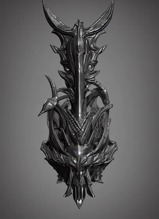 Image similar to a black long sword skull crest, orthographic, ornament, weapon, a 3 d render by dom qwek, front side views full, trending on polycount, artstation, hard surface modeling, rendered in maya, 3 ds max, blender, hd, vray, berserk