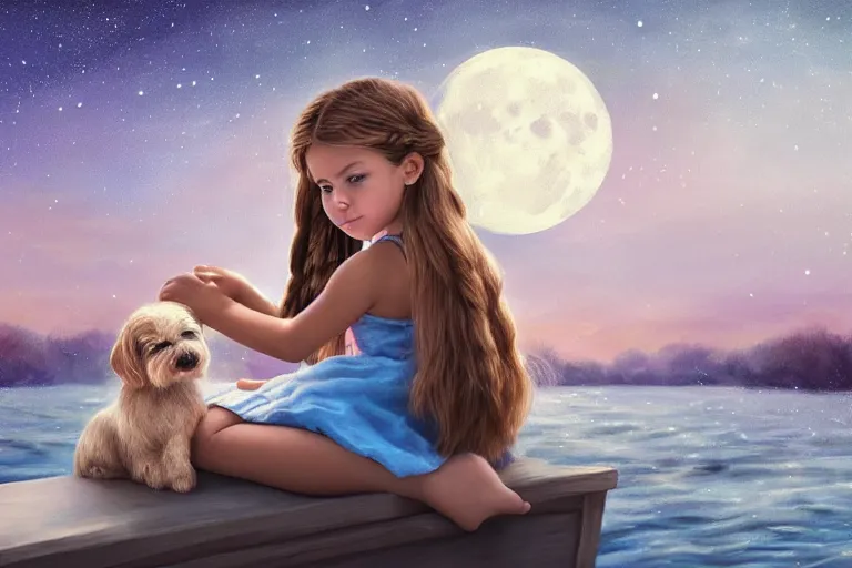 Prompt: beautiful digital painting of a cute little girl with braided hair on a boat ride with her puppy, moonlit nightscape, smooth, realistic face and skin tones, trending on artstation, 8 k, 4 k