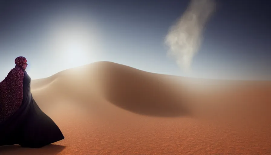 Image similar to arab woman in niqab floating mid - air in the desert, light, shadows, rippling reflections, steam, epic composition, intricate, elegant, volumetric lighting, digital painting, highly detailed, artstation, sharp focus, illustration, concept art, ruan jia, steve mccurry