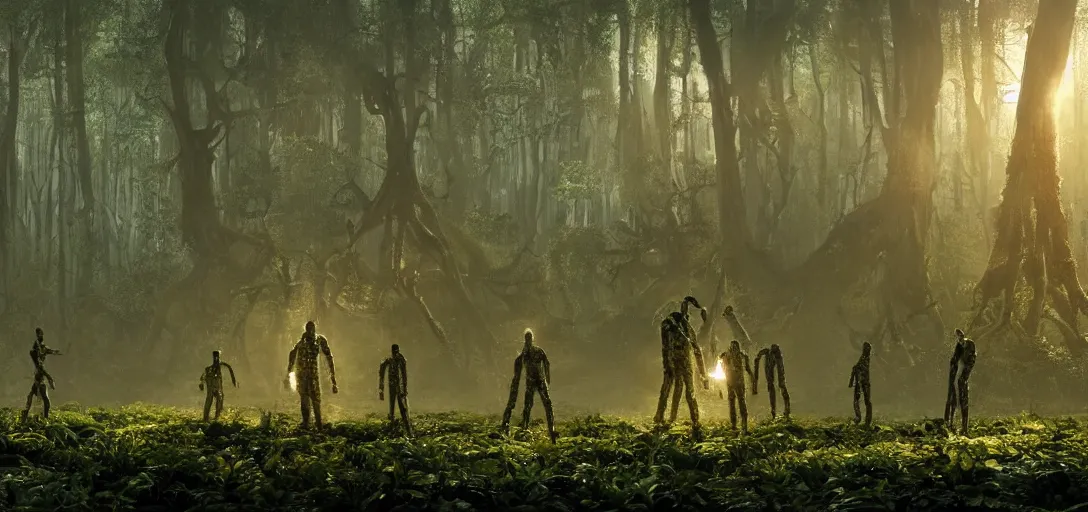 Image similar to astronauts stumbling upon a complex organic fractal 3 d metallic symbiotic ceramic humanoid megastructure creature in a swampy lush forest, foggy, sun rays, cinematic shot, photo still from movie by denis villeneuve, wayne barlowe