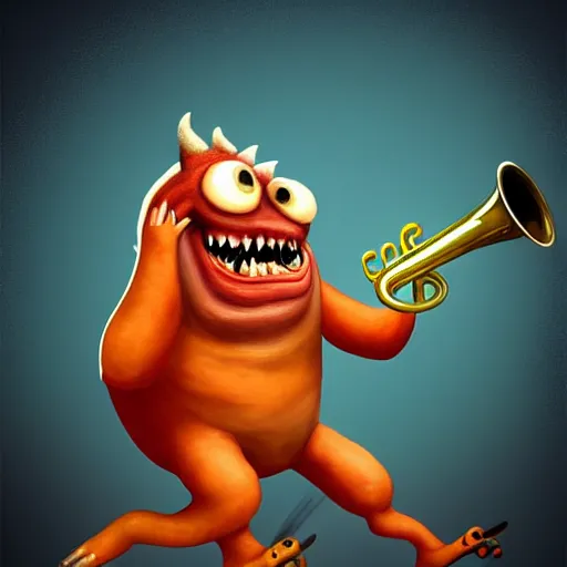 Image similar to joyous monster playing trumpet to cheering audience, artstation, fantasy