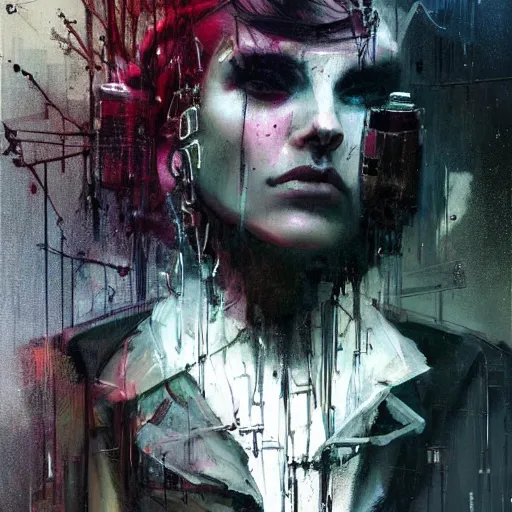 Image similar to a cyberpunk noir detective, skulls, wires cybernetic implants, machine noir steelpunk grimcore in cyberspace photoreal, atmospheric by jeremy mann francis bacon and agnes cecile, ink drips paint smears digital glitches