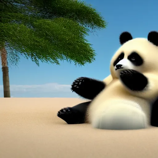 Image similar to 3 d render of a fluffy panda sunbathing on a beach,