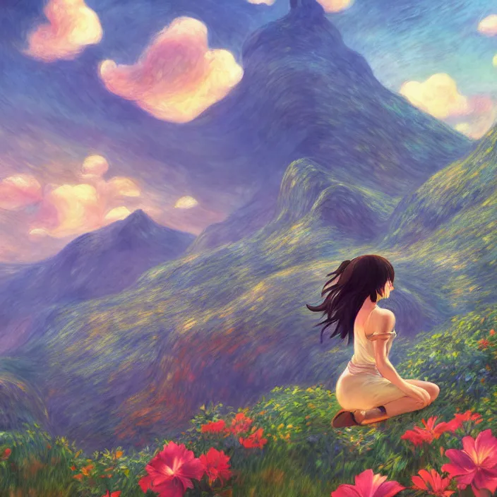 Prompt: an epic makoto shinkai and renoir landscape with a beautiful brown haired woman playing a guitar in front of hawaiian waterfall, golden hour, 🌺, ultra smooth, lois van baarle, ilya kuvshinov, unreal engine, blender, trending on artstation, suntur, caleb worcester, highly detailed, photorealism, bloom effect 8 k