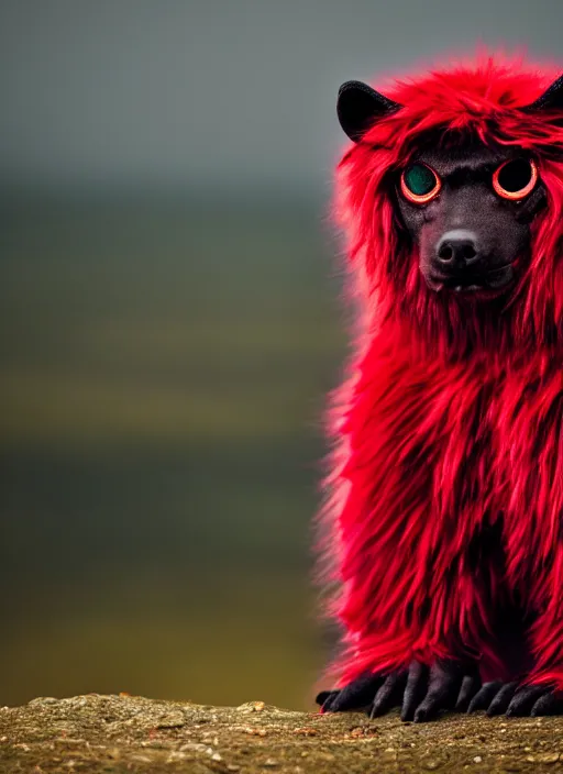 Image similar to hyperrealistic and heavy detailed glowing red eyes dark green furry monster, leica sl 5 0 mm, vivid color, high quality, high textured, real life, full body in shot, far distance, thunder storm