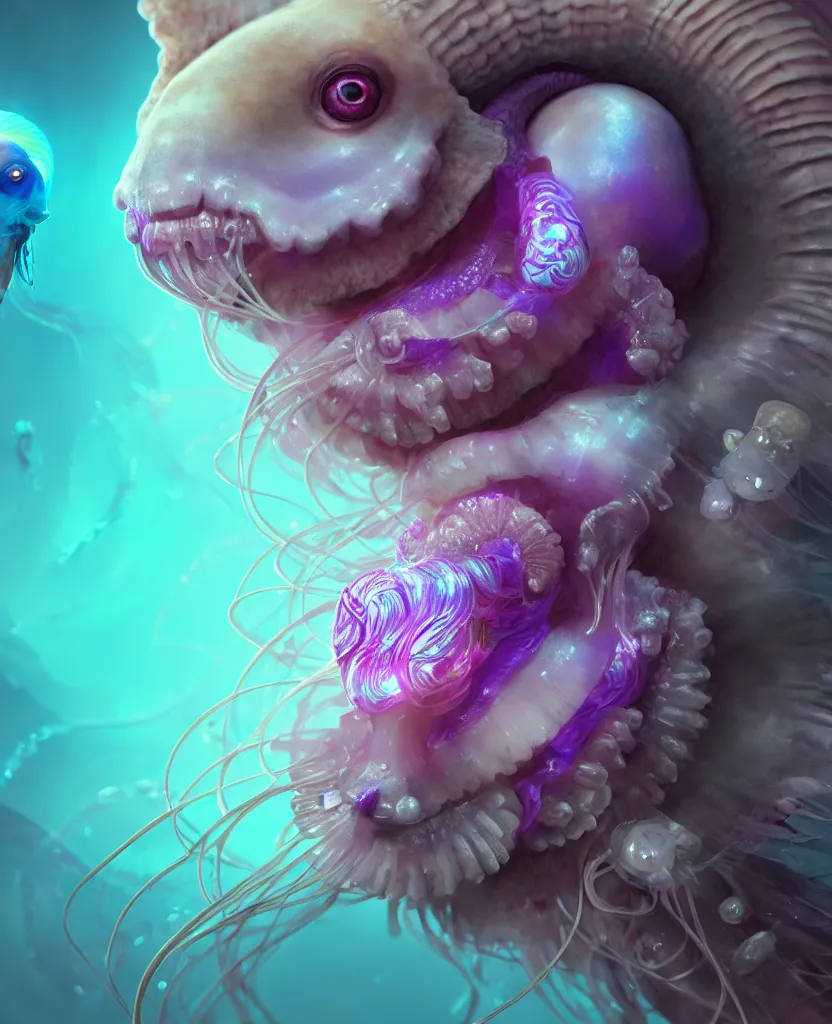 Image similar to goddess princess beautiful face close-up portrait ram skull fluffy toy. jellyfish phoenix head, nautilus, orchid, skull, betta fish, bioluminiscent creatures, intricate artwork by Tooth Wu and wlop and beeple. octane render, trending on artstation, greg rutkowski very coherent symmetrical artwork. cinematic, hyper realism, high detail, octane render, 8k