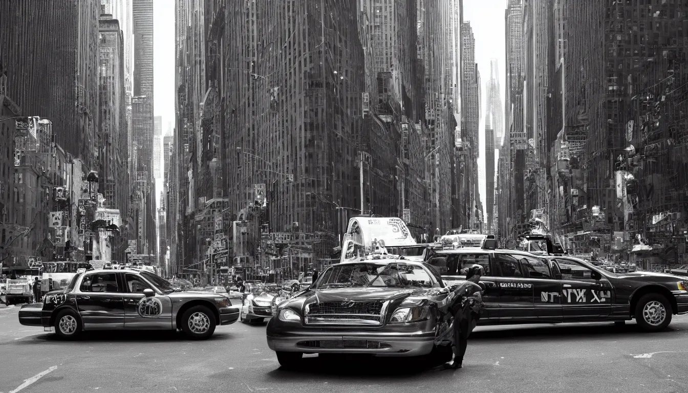 Image similar to chrome new york taxi, cinematic