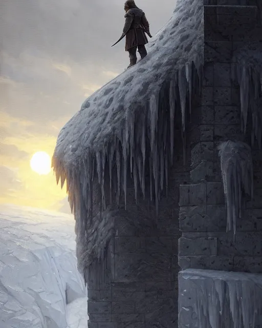 Image similar to man of the night's watch standing on top of the wall made of solid ice, game of thrones | | realistic shaded, fine details, realistic shaded lighting painting by greg rutkowski, diego gisbert llorens, magali villeneuve, artgerm, jeremy lipkin, michael garmash, rob rey