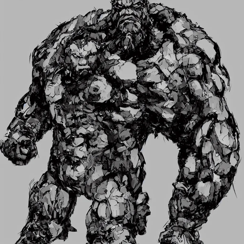 Image similar to large half bear half african man, in the style of yoji shinkawa