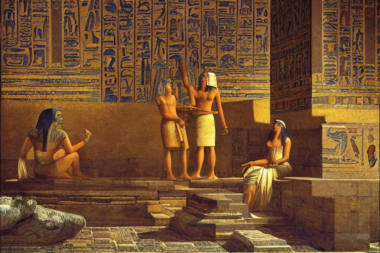 Prompt: painting of the ancient egypt at nigth, raining, full moon, romantic, by ludwig deutsch and maxfield parrish, patterned tilework, extremely detailed, cinematic lighting, smooth sharp focus