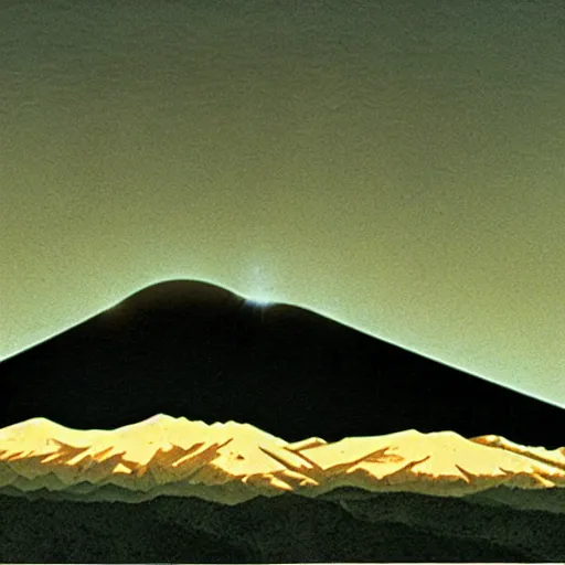 Image similar to dark solar eclipse, above rocky mountains, highly detailed, studio 4 k quality, by chesley bonestell