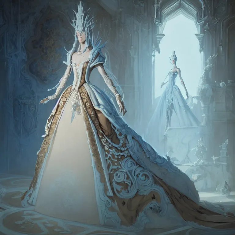 Image similar to portrait of a baroque princess dress from the fantasy world for the dragon queen atey gailan, greg rutkowski, greg tocchini, james gillard, joe fenton, kete butcher, dynamic lighting, gradient light blue, brown, light cream and white colors, grunge aesthetics, detailed and complex environment