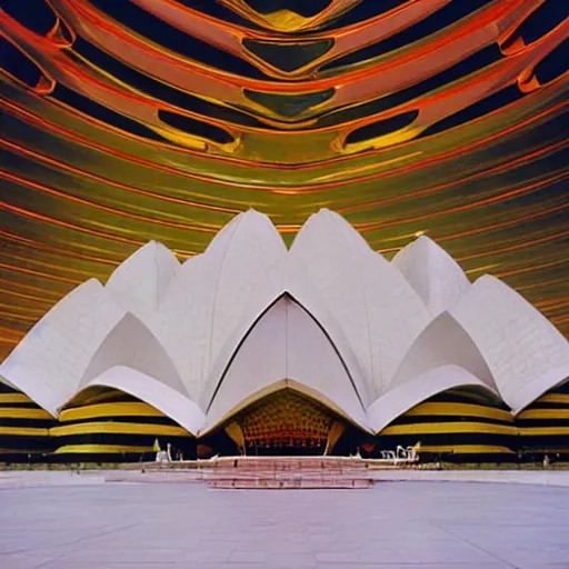 Image similar to futuristic lotus temple space station with gold, red and white marble panels, by buckminster fuller and syd mead, intricate contemporary architecture, photo journalism, photography, cinematic, national geographic photoshoot