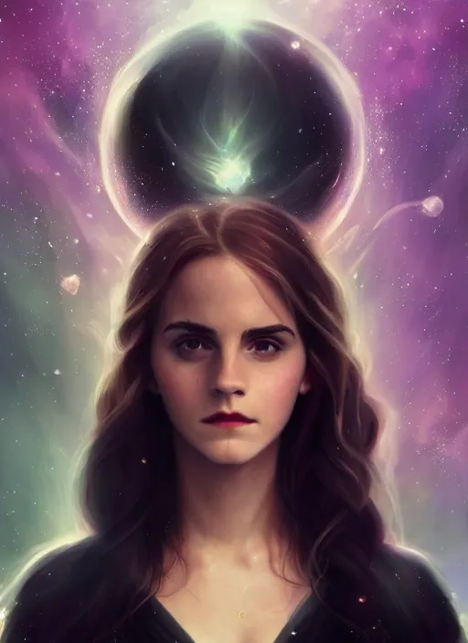 Image similar to emma watson as magic healer celestial, long hair, black and transparent cloth, space, D&D, shiny background, intricate, elegant, highly detailed, digital painting, artstation, concept art, smooth, sharp focus, illustration, artgerm, bouguereau